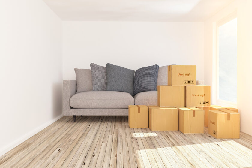 Kleiner Raum mit Sofa und Kartons.